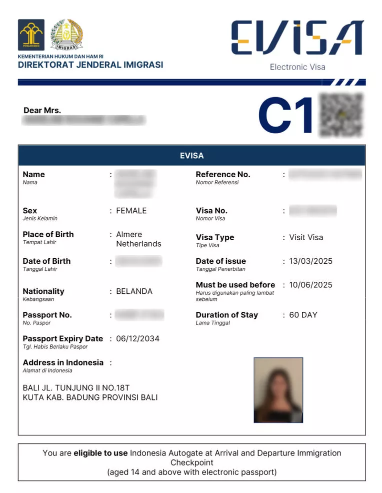 Indonesia eVisa – sample document
